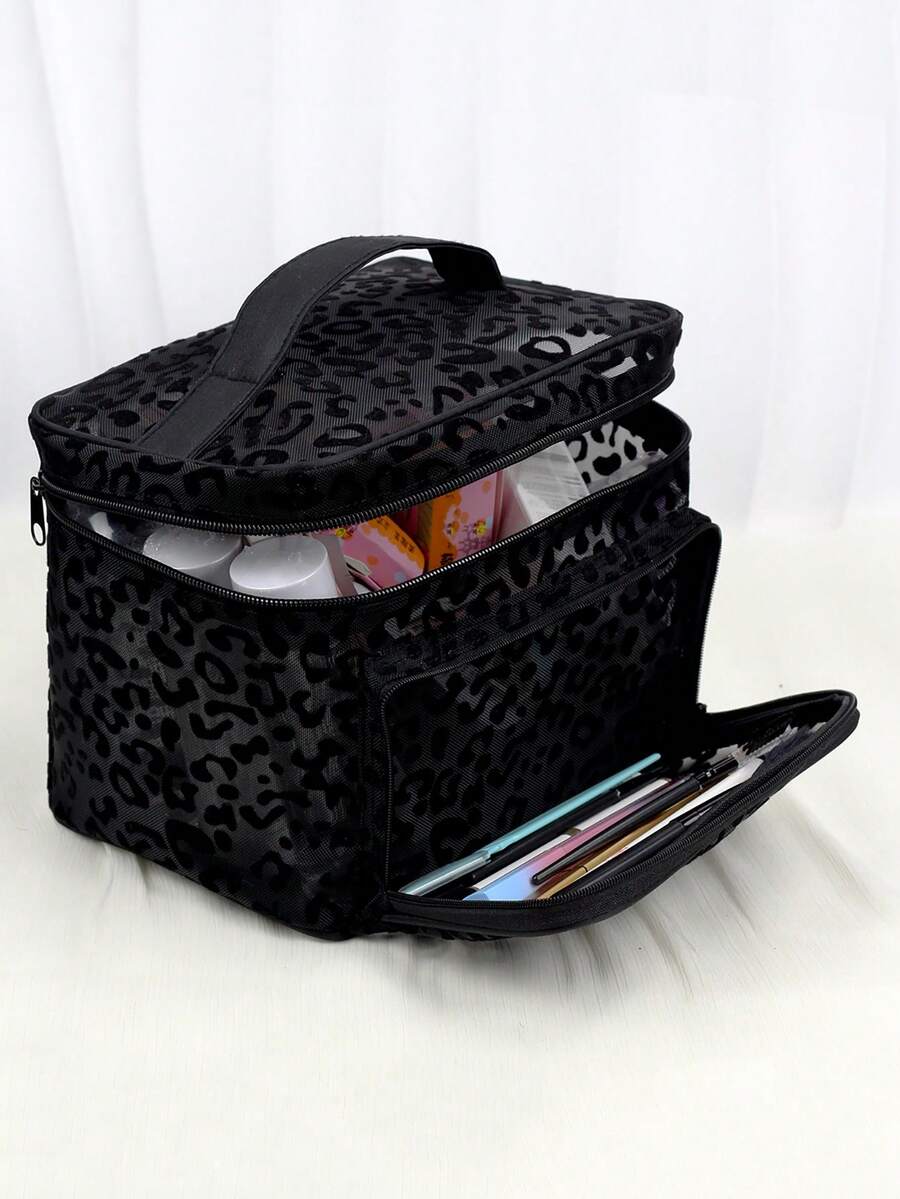 Crna minimalistička modna mrežasta torba za šminku sa leopard printom, veliki kapacitet