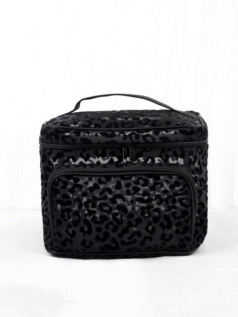 Crna minimalistička modna mrežasta torba za šminku sa leopard printom, veliki kapacitet