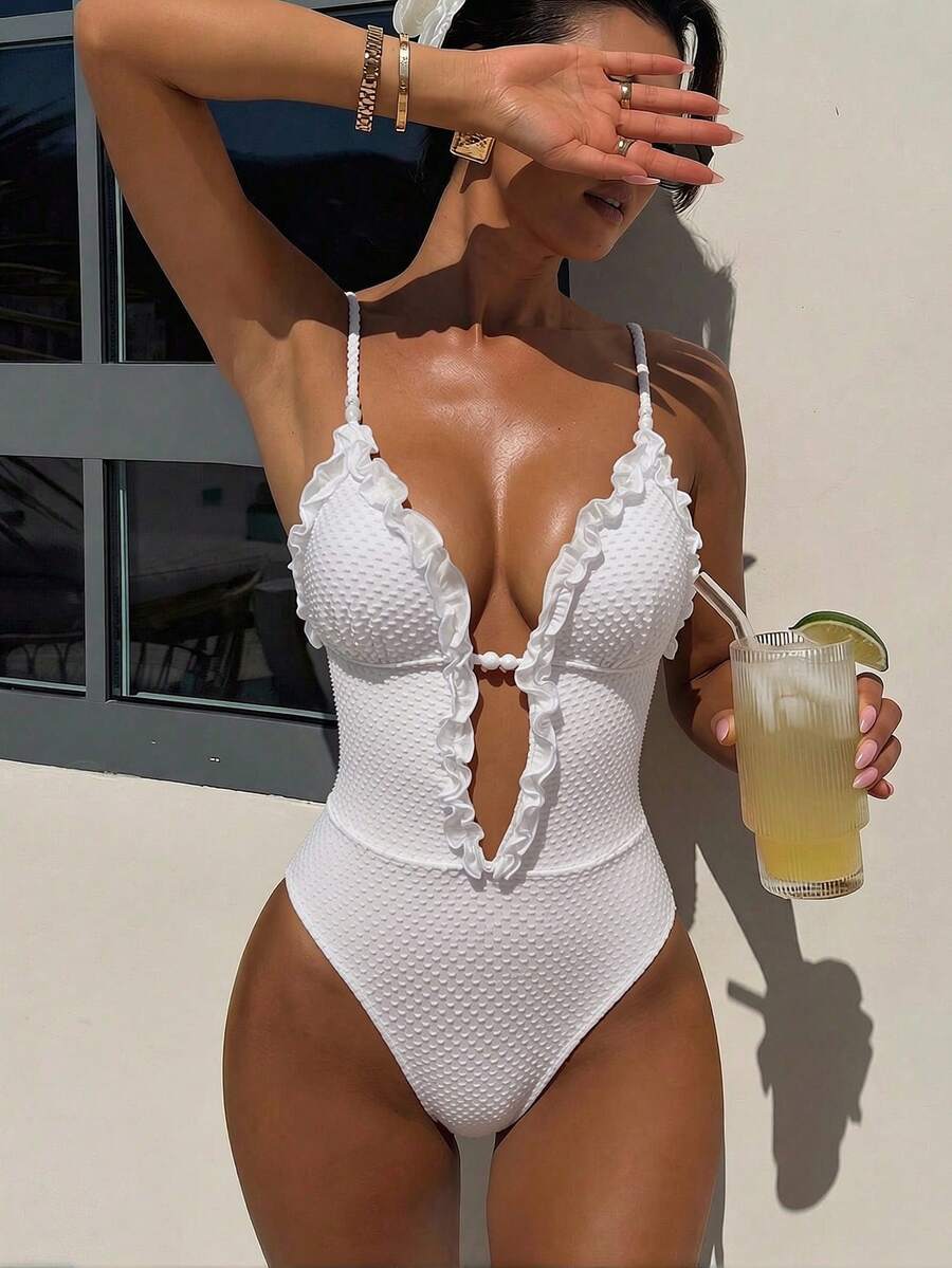 Ruffle Trim Jednodelni Kupaći Kostim Bikini