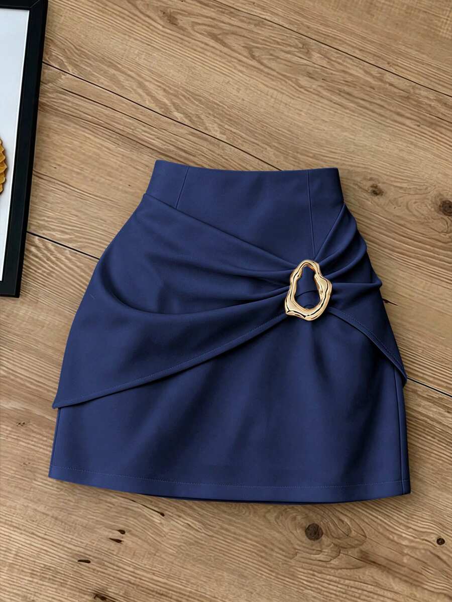 Elegantna Suknja sa Metalnom Kopčom i Plisiranjem, Ležerna A-Linija