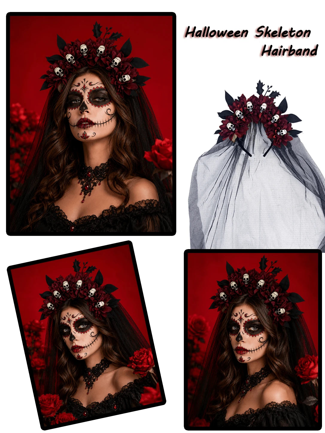 Halloween tamna ruža i lobanja cvetni venac za glavu
