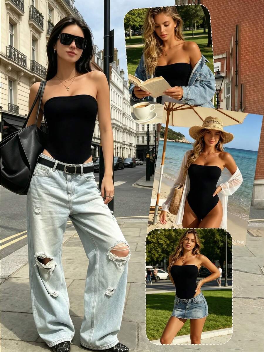 Ženski bandeau body, letnji top bez kaiševa i leđa, uski kroj