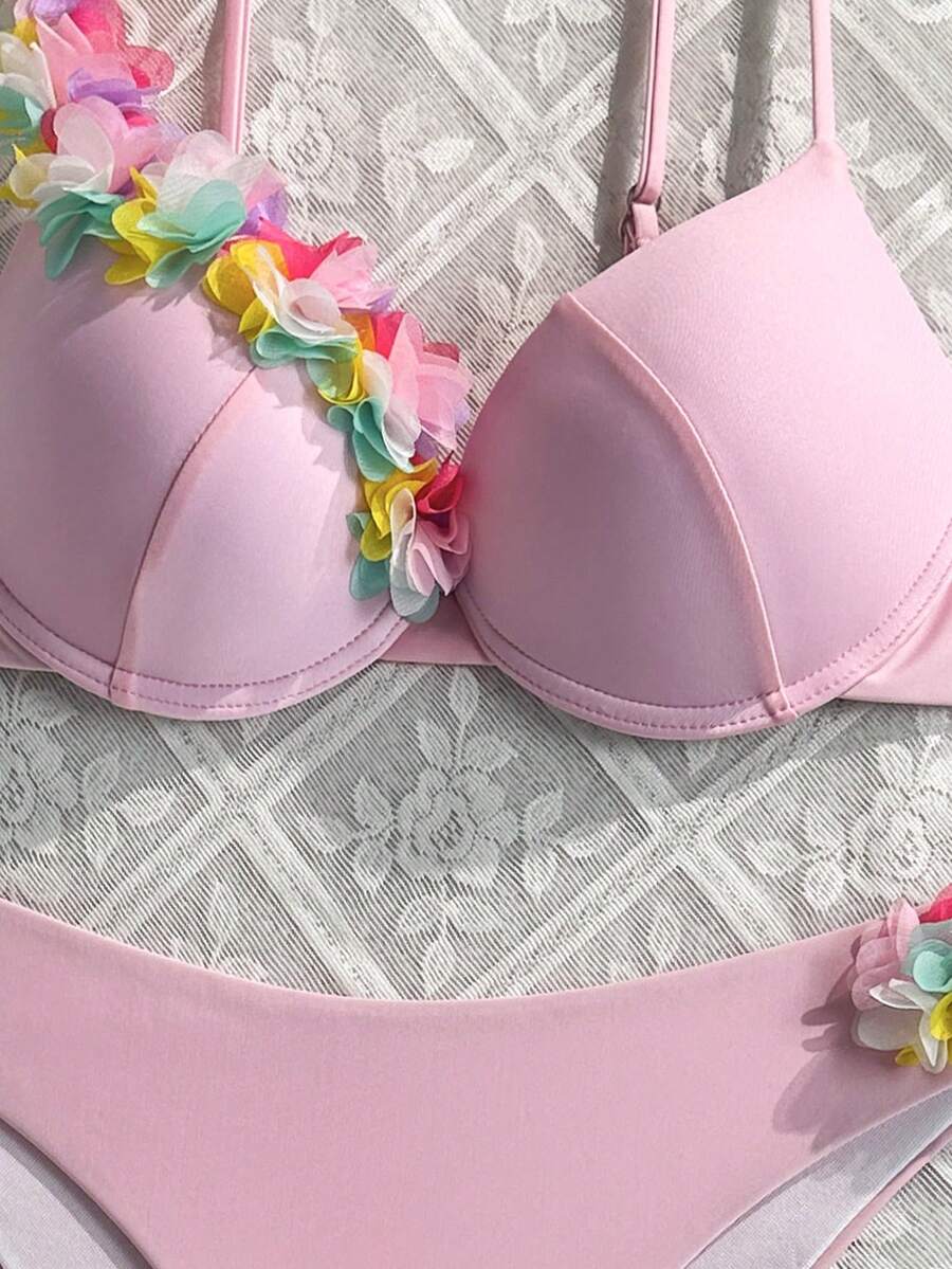 Ženski 3D CvetDekor Seksi Bikini Set, Push Up Sa Žicom
