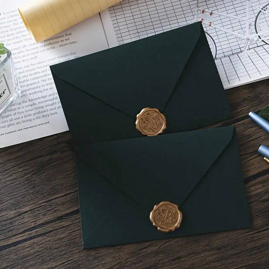 Premium vintage set debelih tamnozelenih koverti, koverte za pozivnice i razglednice sa pečatom od voska, uključuje 4 koverte + 4 pečata od voska