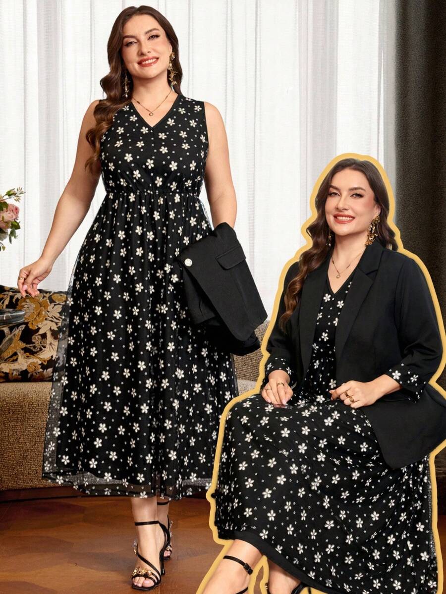 Clasi Set sa sakoom i haljinom sa cvetnim dezenom, plus size