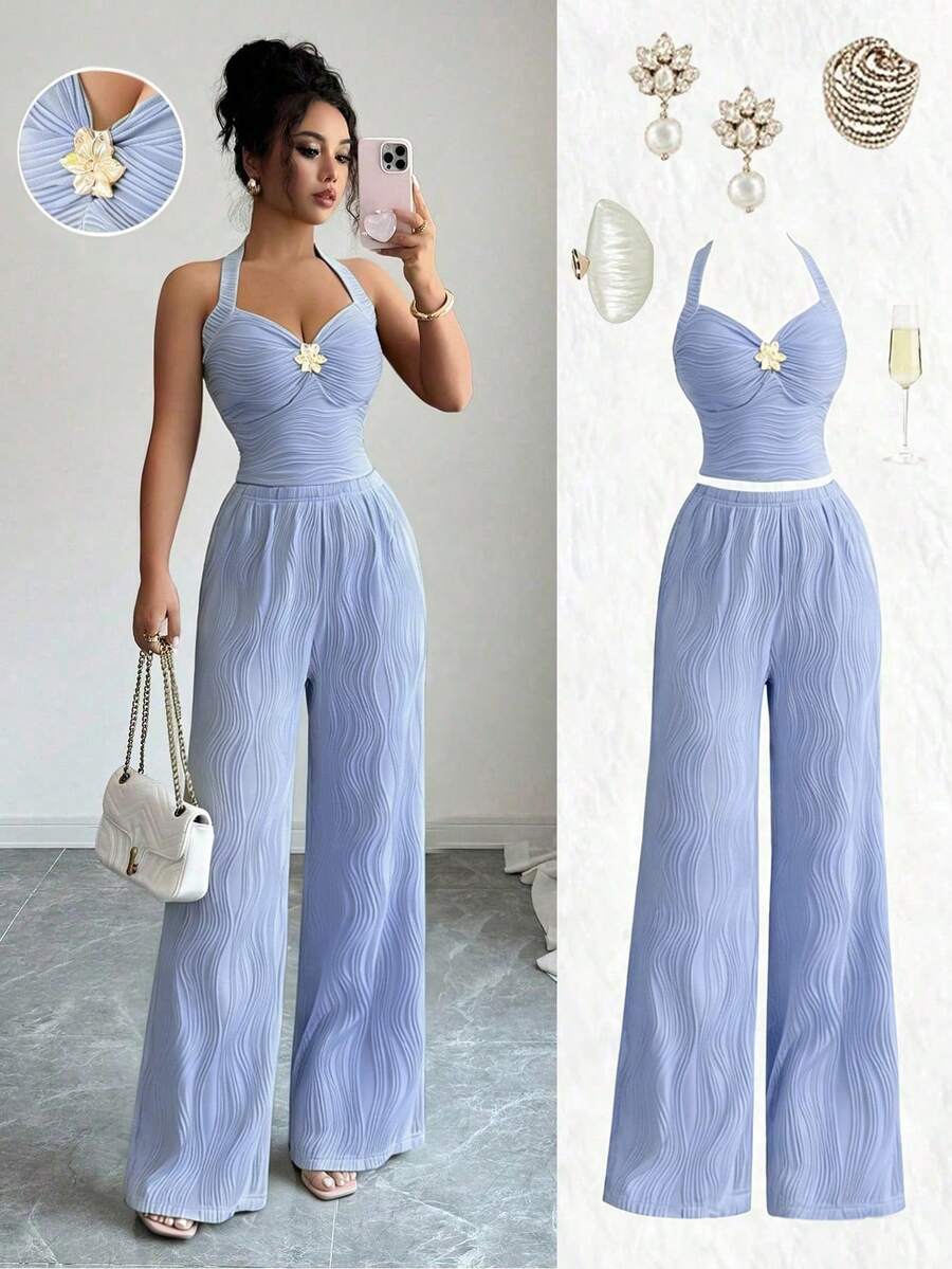Ženski set  Metalni Cvietni Dekor Crop Top  + pantalone