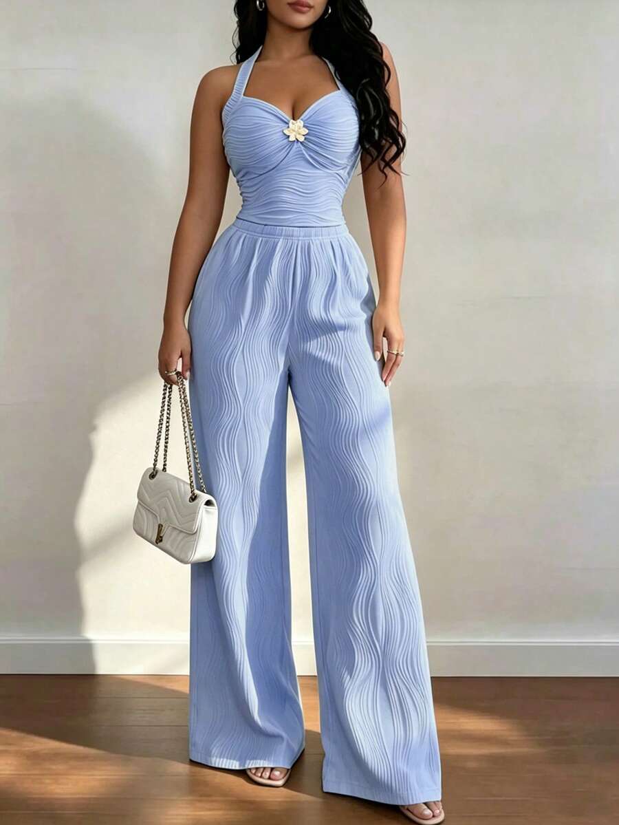Ženski set  Metalni Cvietni Dekor Crop Top  + pantalone
