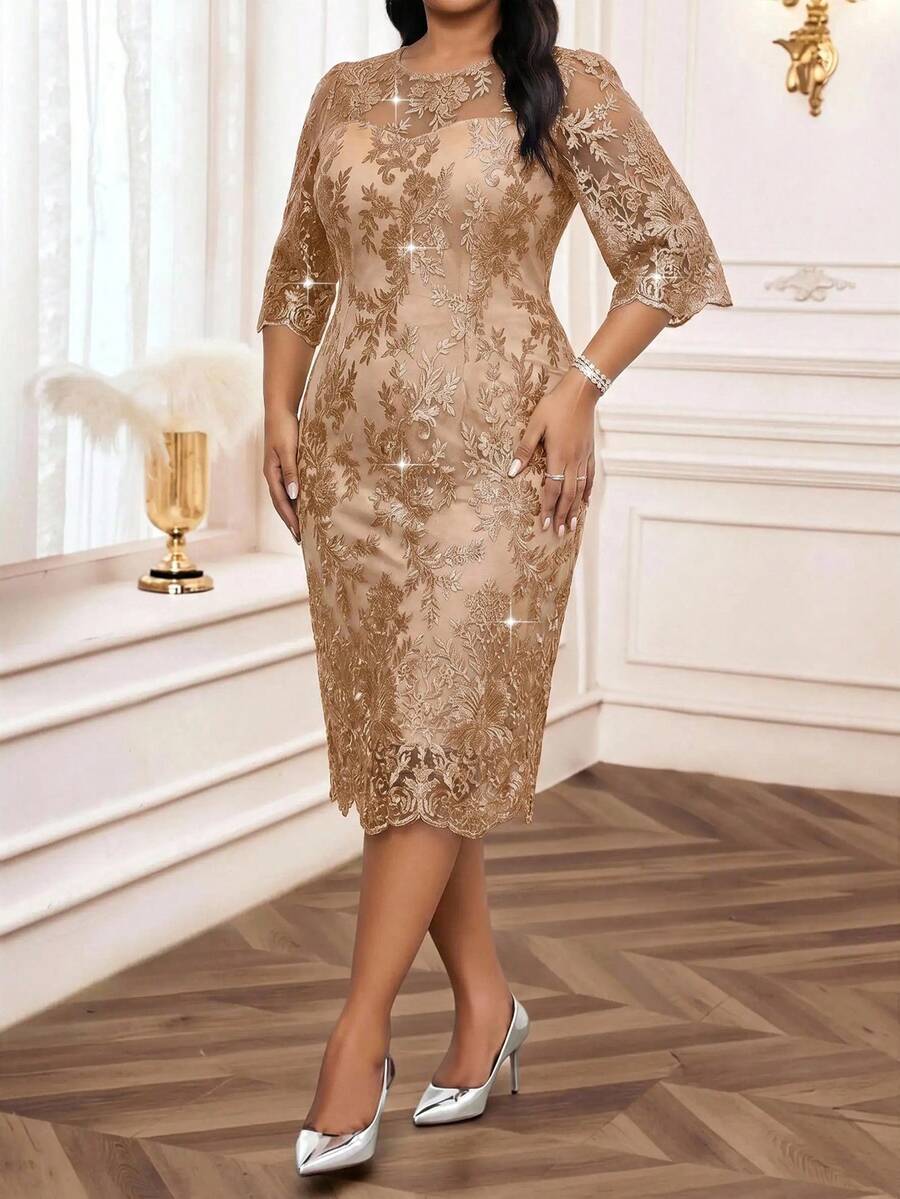 Elegantna crna midi haljina od čipke za žene, plus size, sa 3/4 rukavima