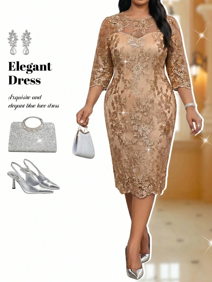 Elegantna crna midi haljina od čipke za žene, plus size, sa 3/4 rukavima