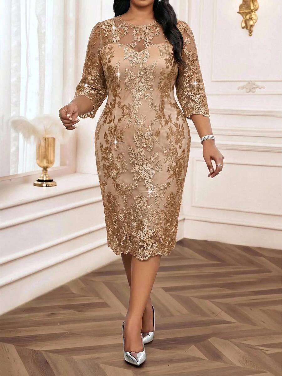 Elegantna crna midi haljina od čipke za žene, plus size, sa 3/4 rukavima
