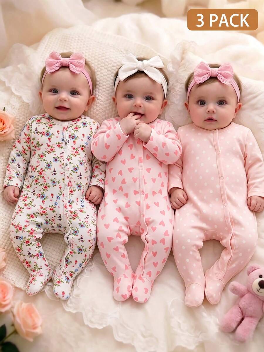 3 komada dečijih kombinezona za devojčice, slatki i nežni, roze i krem, rebrasti sa printom višnje