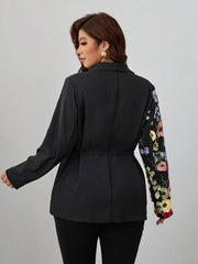 Elegantni ženski blejzer plus size sa cvetnim vezom, šal kragnom i dugim rukavima
