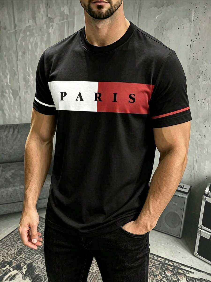 Muška ležerna slim fit majica kratkih rukava sa štampanim slovima i okruglim izrezom