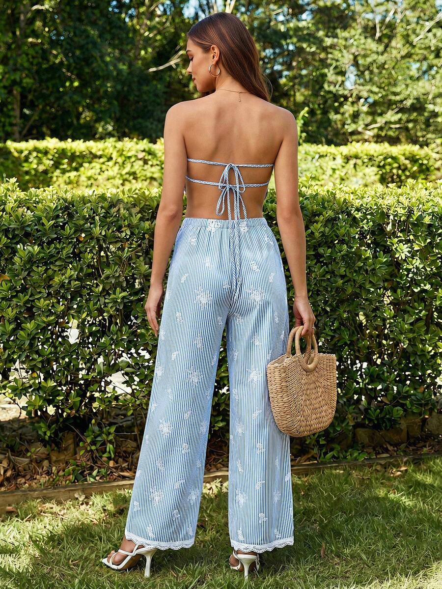 2kom/Set  Tube Top Bez Leđa & Visoki Struk Široke Pantalone