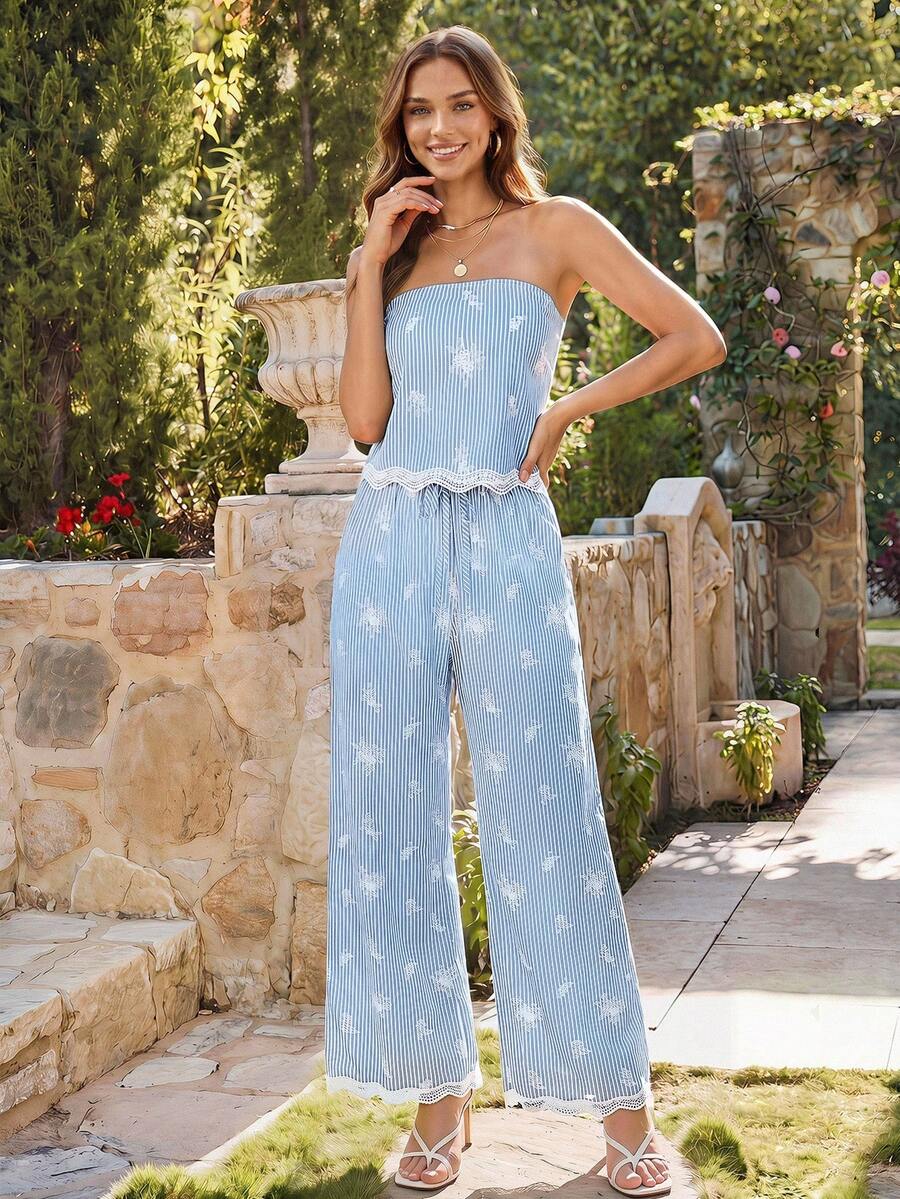 2kom/Set  Tube Top Bez Leđa & Visoki Struk Široke Pantalone
