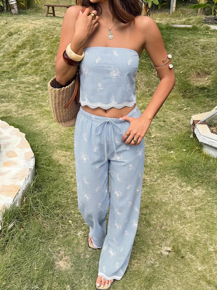 2kom/Set  Tube Top Bez Leđa & Visoki Struk Široke Pantalone