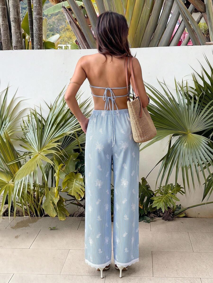 2kom/Set  Tube Top Bez Leđa & Visoki Struk Široke Pantalone