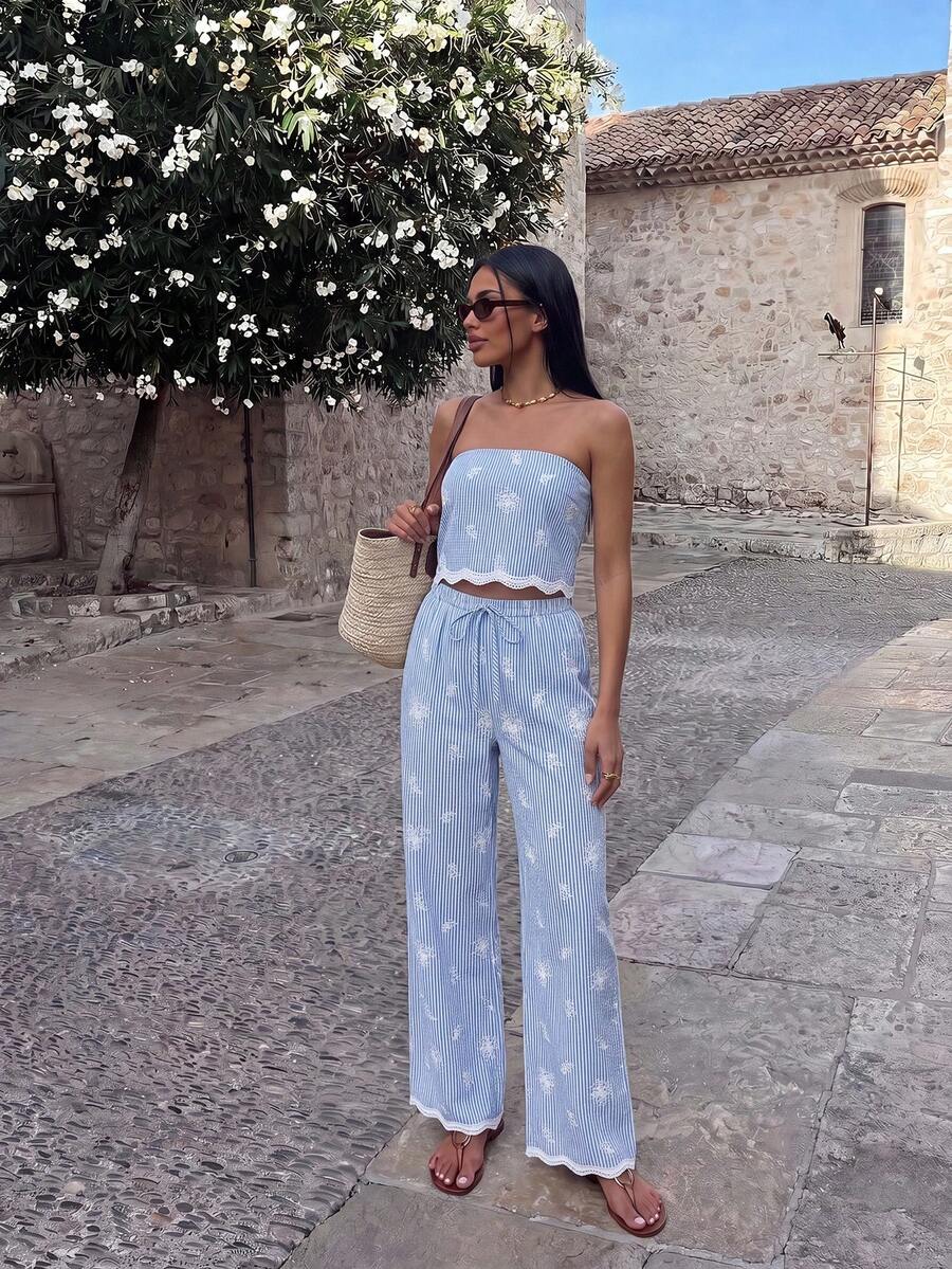 2kom/Set  Tube Top Bez Leđa & Visoki Struk Široke Pantalone