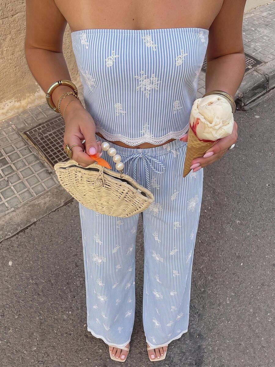 2kom/Set  Tube Top Bez Leđa & Visoki Struk Široke Pantalone