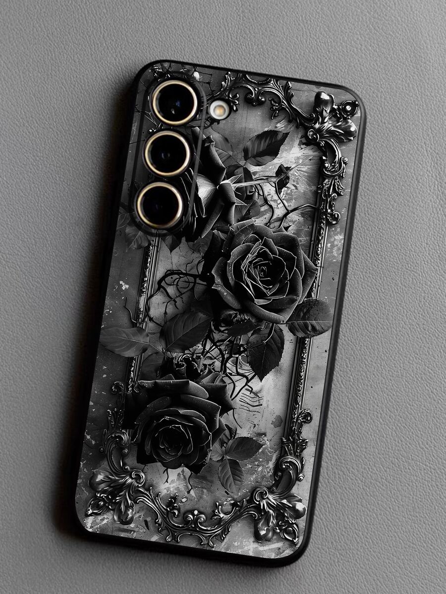 Luksuzna crna modna maskica za telefon sa cvetnim dezenom, premium anti-shock i anti-slip, kompatibilna sa Galaxy A04e/A05s/A13/A14/A15/A34/A35/A50/A52/A53/A54/S21/S22/S23/S24/S25/S25Ultra/24fe