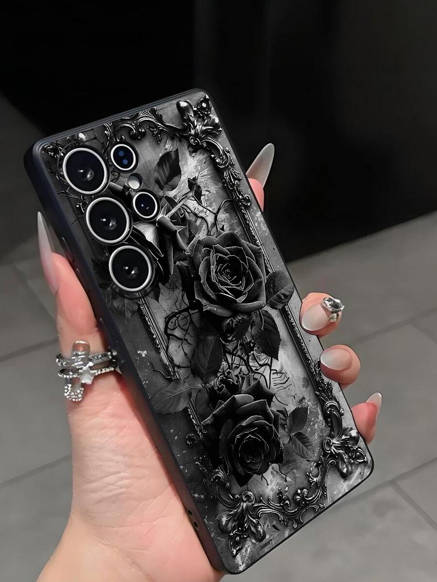 Luksuzna crna modna maskica za telefon sa cvetnim dezenom, premium anti-shock i anti-slip, kompatibilna sa Galaxy A04e/A05s/A13/A14/A15/A34/A35/A50/A52/A53/A54/S21/S22/S23/S24/S25/S25Ultra/24fe