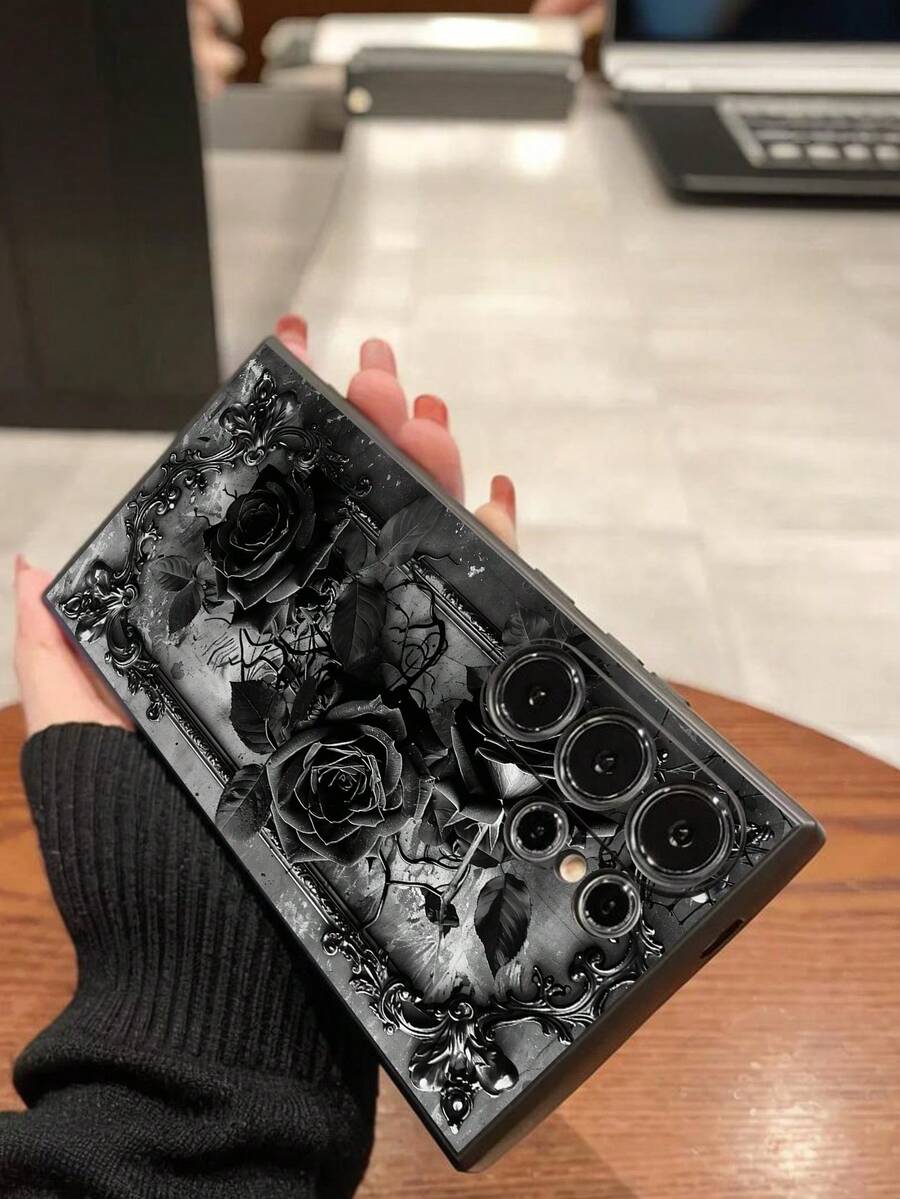 Luksuzna crna modna maskica za telefon sa cvetnim dezenom, premium anti-shock i anti-slip, kompatibilna sa Galaxy A04e/A05s/A13/A14/A15/A34/A35/A50/A52/A53/A54/S21/S22/S23/S24/S25/S25Ultra/24fe