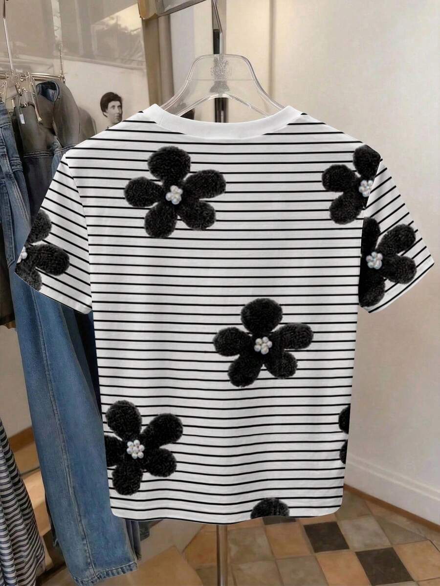 Ženska ležerna majica plus size kratkih rukava sa okruglim izrezom, vezom i cvetnim dezenom