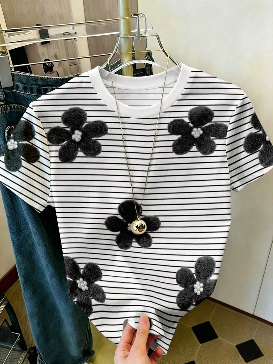 Ženska ležerna majica plus size kratkih rukava sa okruglim izrezom, vezom i cvetnim dezenom