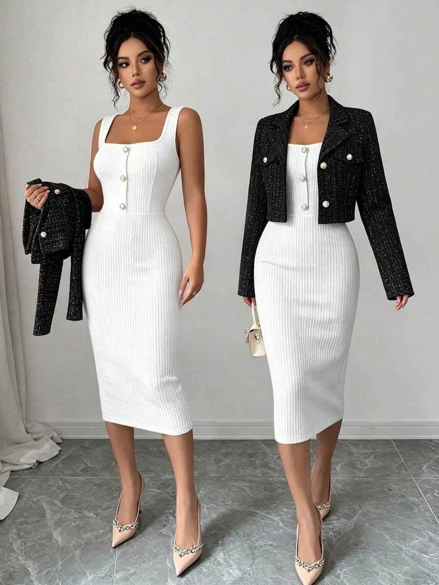 Tweed odelo od 2 dela: elegantna sako jakna  + uska haljina bez rukava