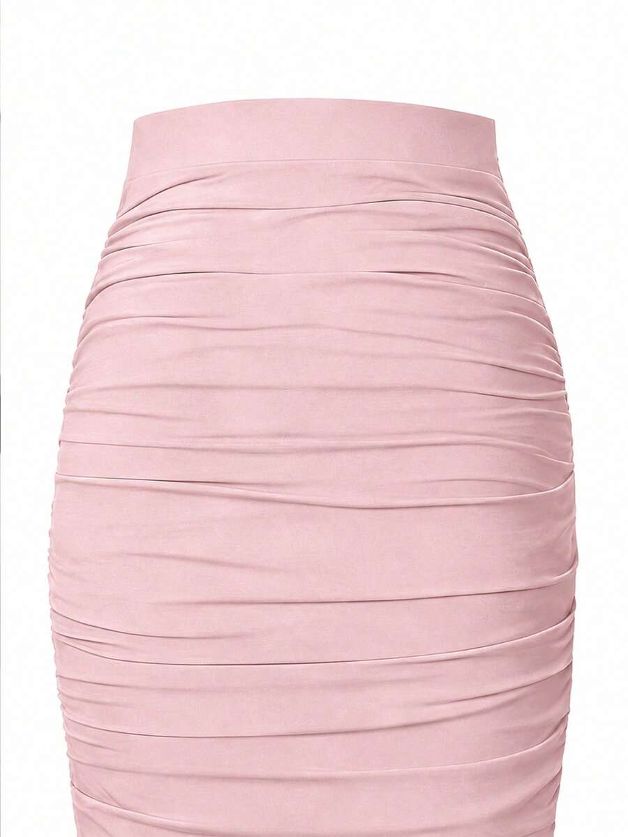 Ženska uska bodycon suknja jednobojna sa nabranim detaljima, seksi