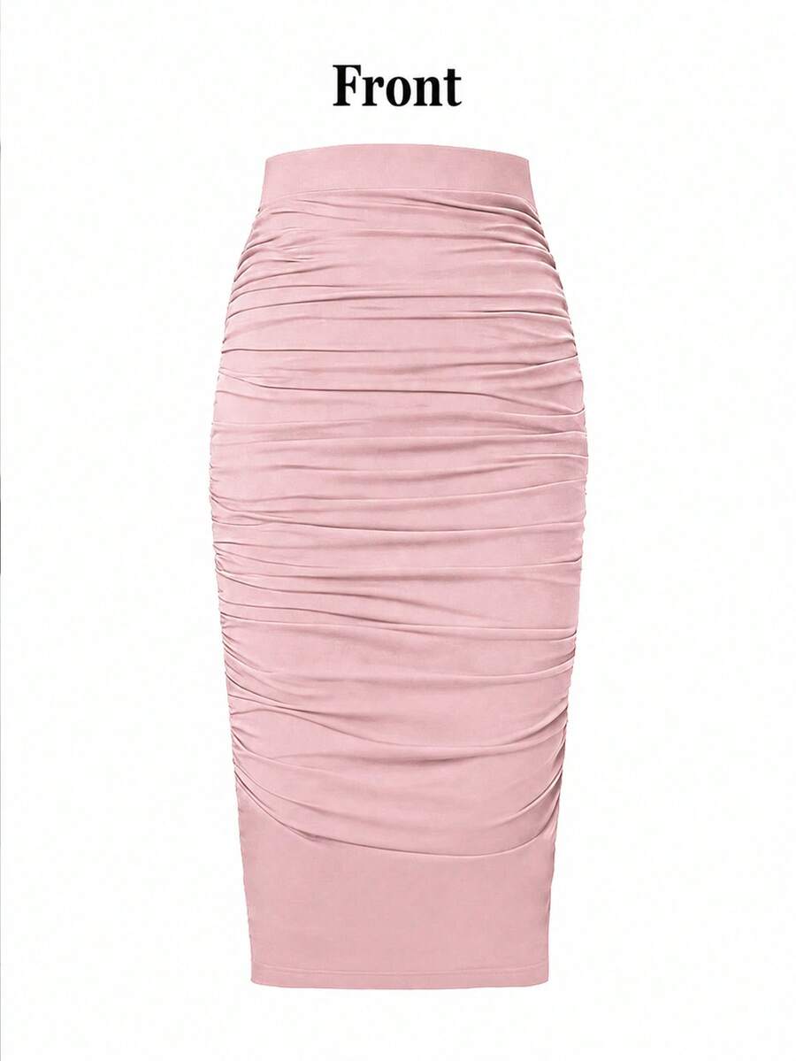 Ženska uska bodycon suknja jednobojna sa nabranim detaljima, seksi