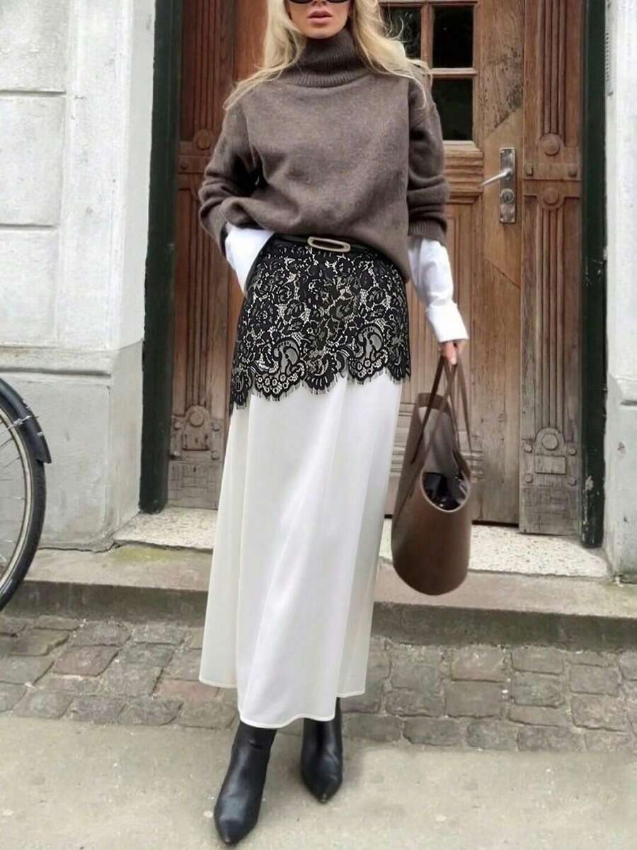 Ženska midi suknja  crno-bela sa čipkastim detaljima