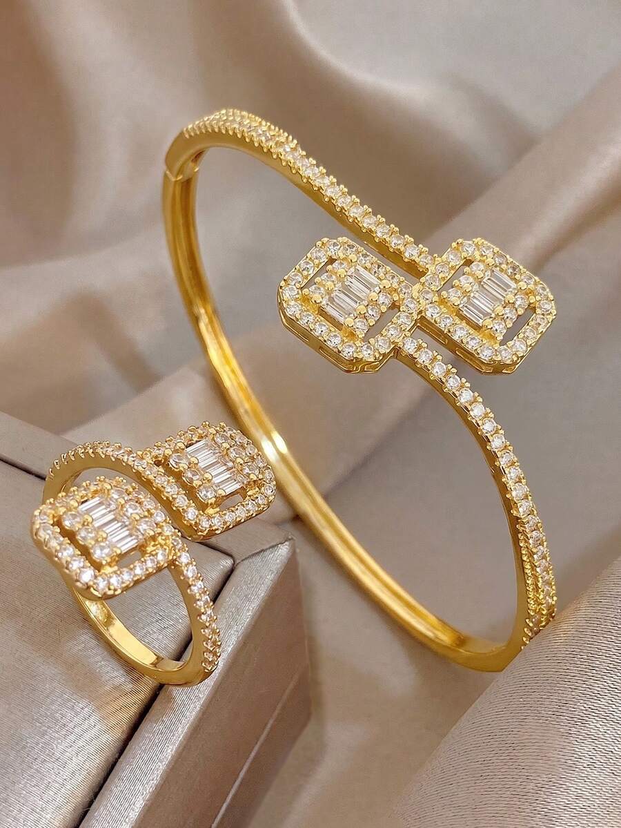 Set nakita od cirkona sa kvadratnim i pravougaonim kamenjem, pozlaćen 18K zlatom