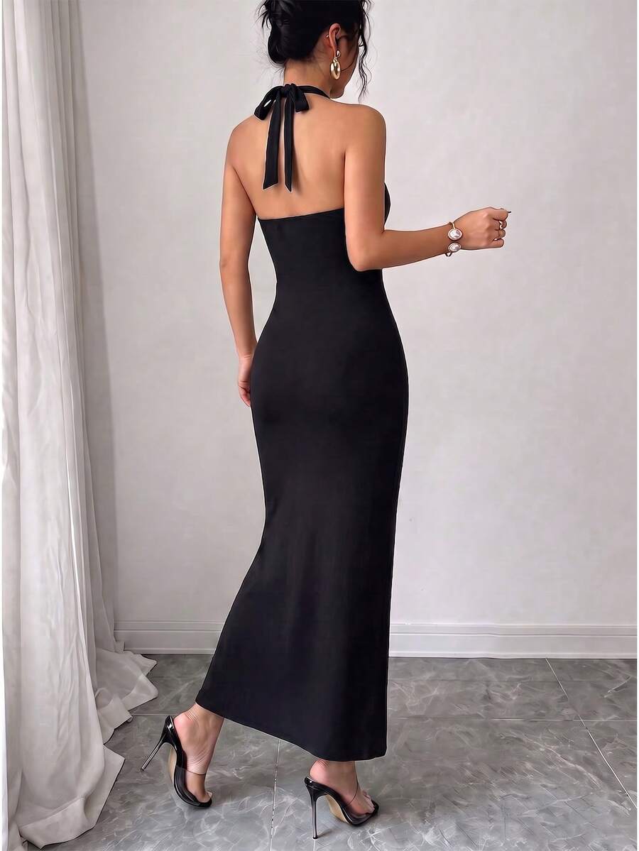 Ženska elegantna seksi uska haljina sa halter izrezom i blok bojama