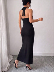 Ženska elegantna seksi uska haljina sa halter izrezom i blok bojama