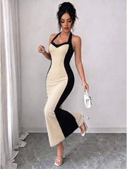 Ženska elegantna seksi uska haljina sa halter izrezom i blok bojama
