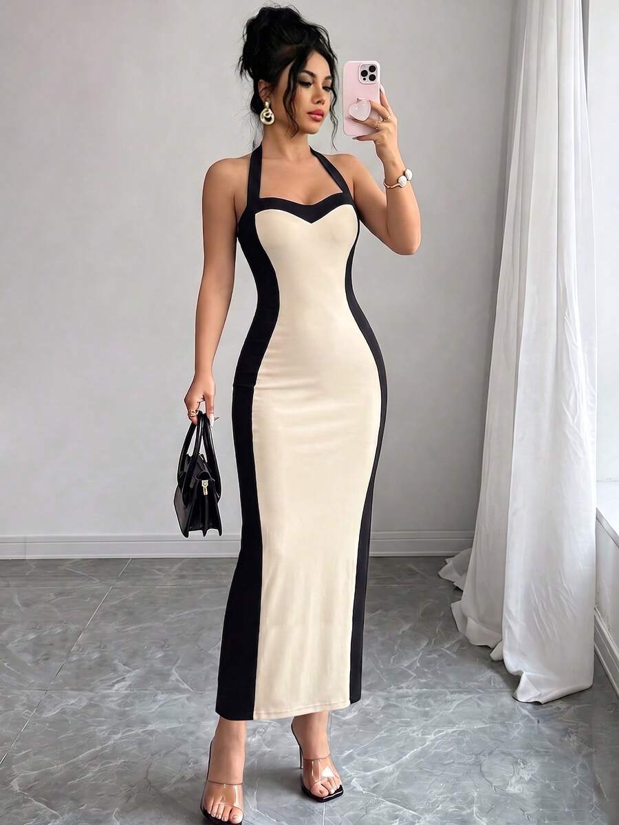 Ženska elegantna seksi uska haljina sa halter izrezom i blok bojama