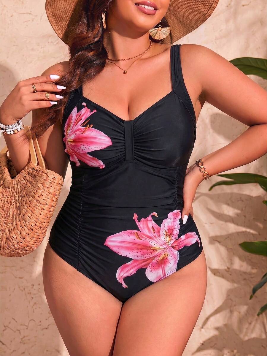 Jednobojni jednodelni kupaći kostim za žene plus size sa nabranim detaljima