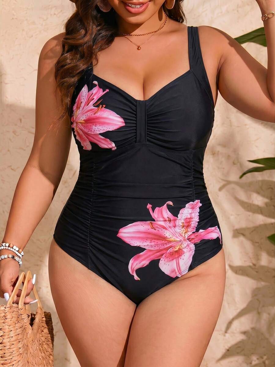 Jednobojni jednodelni kupaći kostim za žene plus size sa nabranim detaljima