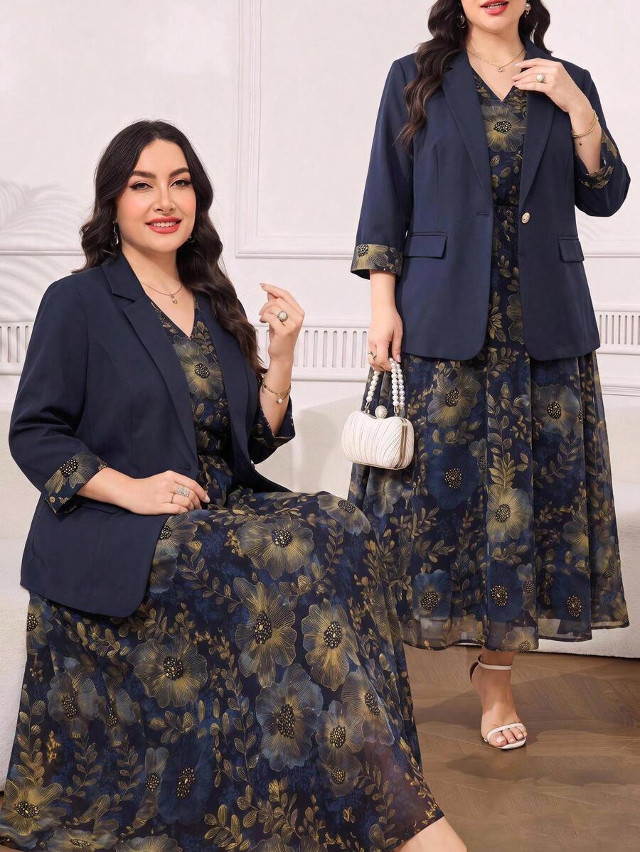 Clasi Set sa sakoom i haljinom sa cvetnim dezenom, plus size