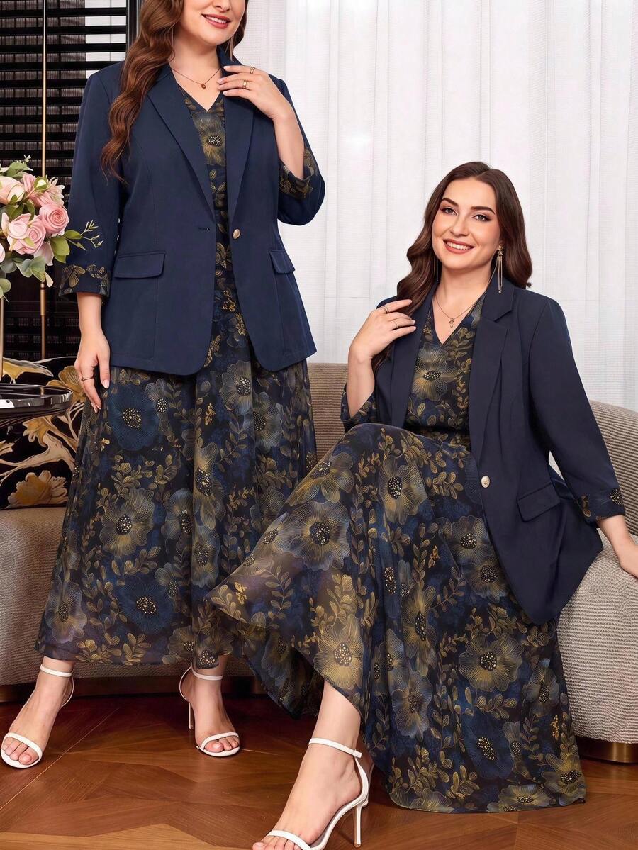 Clasi Set sa sakoom i haljinom sa cvetnim dezenom, plus size