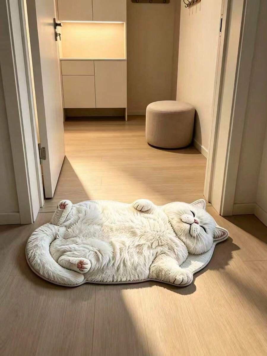 Meka i pufnasta velika bela podna prostirka u obliku mačke, 3D realističan izgled