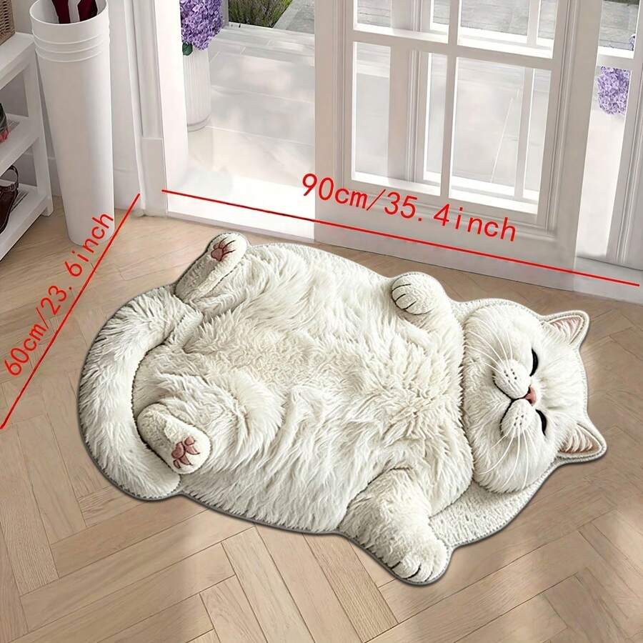 Meka i pufnasta velika bela podna prostirka u obliku mačke, 3D realističan izgled