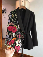Elegantni ženski blejzer plus size sa cvetnim vezom, šal kragnom i dugim rukavima