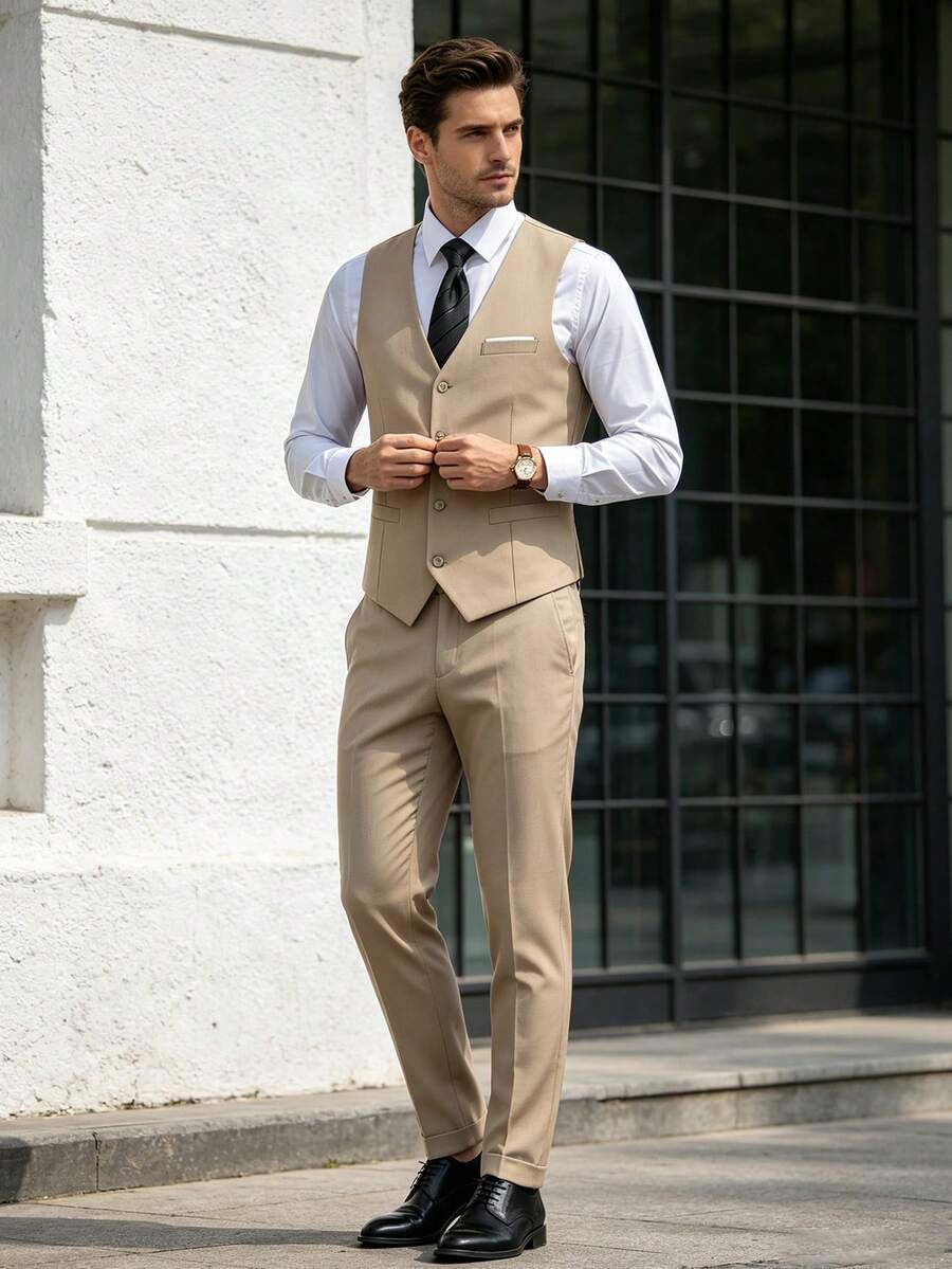 Muški set od 4 dela, elegantan jednobojan slim fit prsluk, pantalone i set kravate
