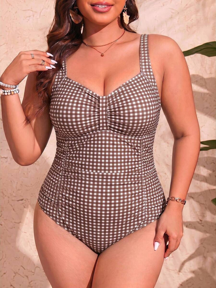 Jednobojni jednodelni kupaći kostim za žene plus size sa nabranim detaljima