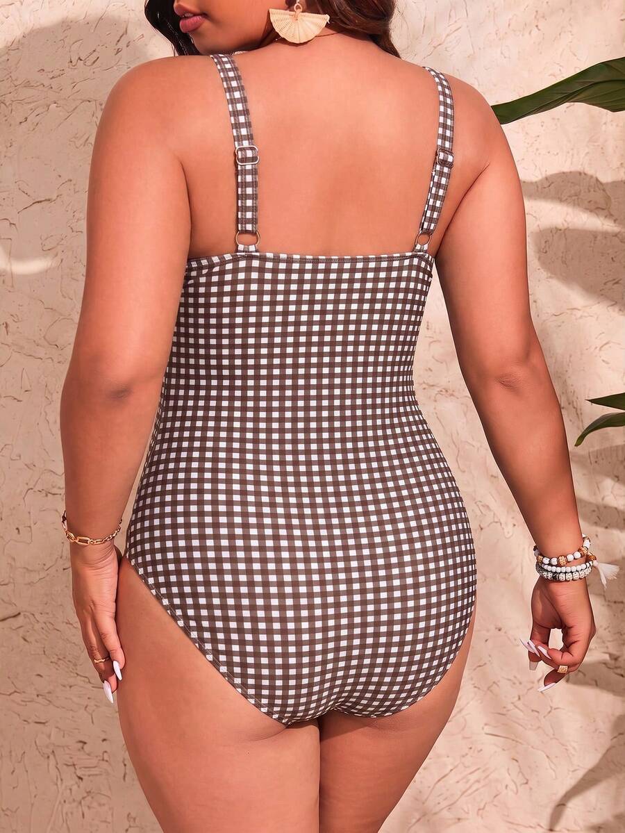 Jednobojni jednodelni kupaći kostim za žene plus size sa nabranim detaljima