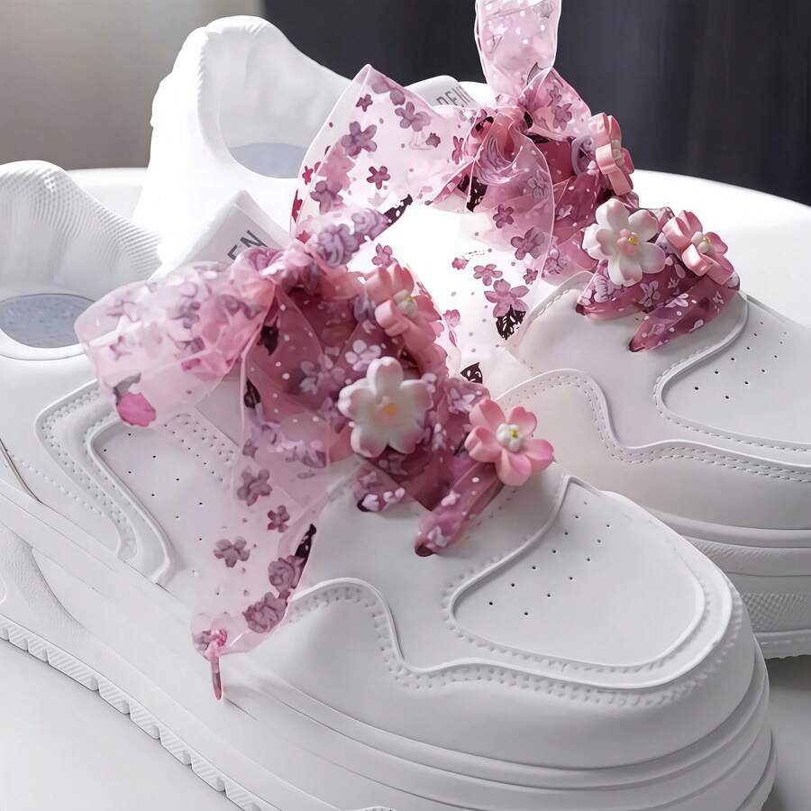 8 kom/set mrežaste pertle za patike sa printom roze cvetova trešnje, 3D realistični cvetovi