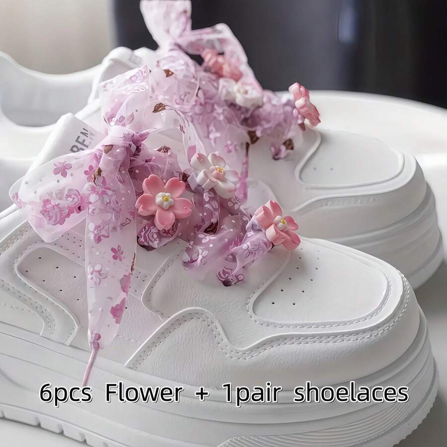 8 kom/set mrežaste pertle za patike sa printom roze cvetova trešnje, 3D realistični cvetovi