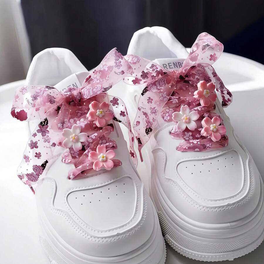 8 kom/set mrežaste pertle za patike sa printom roze cvetova trešnje, 3D realistični cvetovi